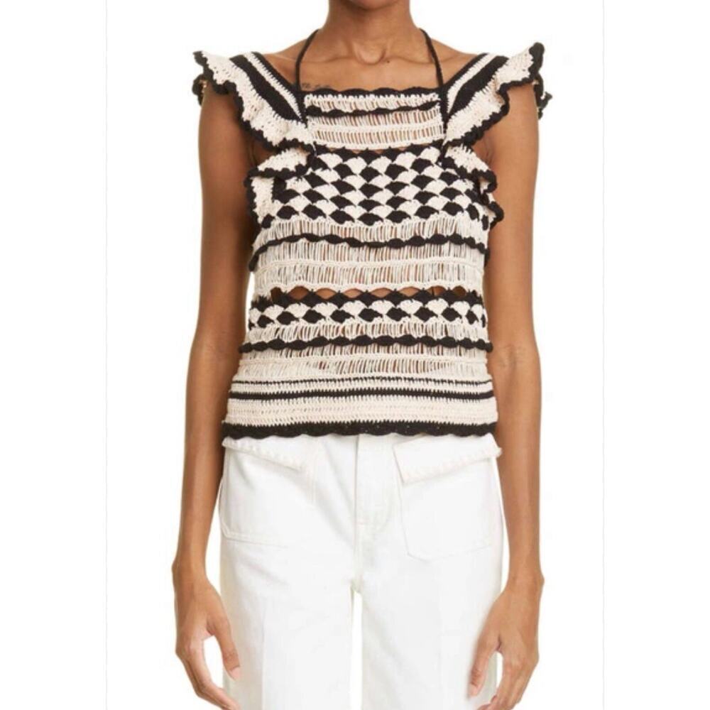 Zimmermann Crochet Crop Tank Top Anneke Halter Striped Shirt Blouse Cotton US 8 - Picture 3 of 10